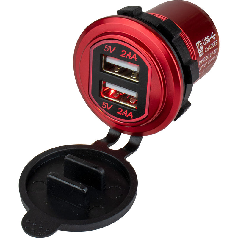 Load image into Gallery viewer, SeaDog Round Red Dual USB Charger w1 Quick Charge Port  4265041
