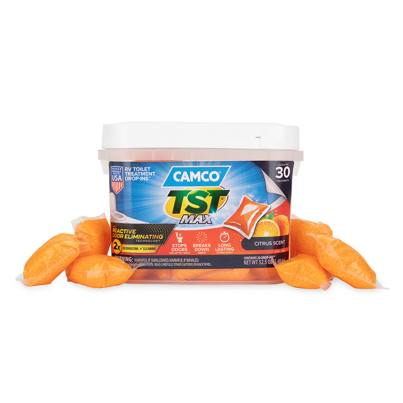 Load image into Gallery viewer, Camco TST MAX MarineRV Toilet Treatment DropINs 30 Per Bucket 41183
