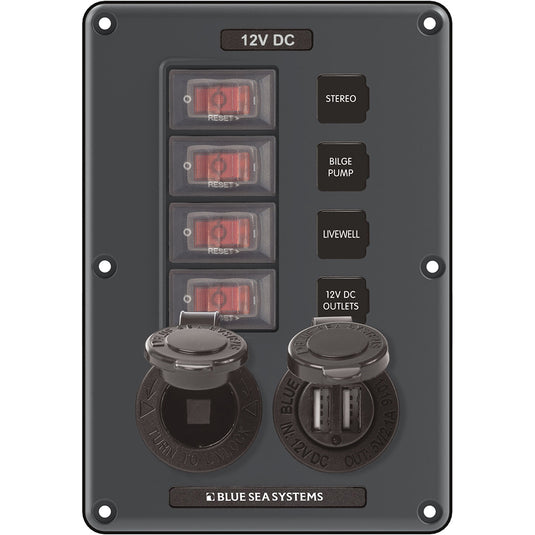 Blue Sea 4321 Circuit Breaker Switch Panel 4 Position  Gray w12V Socket  Dual USB 4321