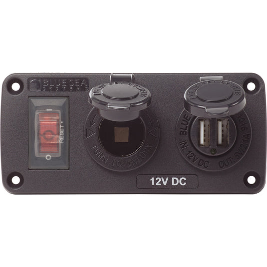 Blue Sea 4363 Water Resistant USB Accessory Panels  15A Circuit Breaker 12V Socket 21A Dual USB Charger 4363