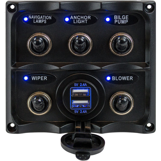 SeaDog Water Resistant Toggle Switch Panel wUSB Power Socket  5 Toggle 4246171