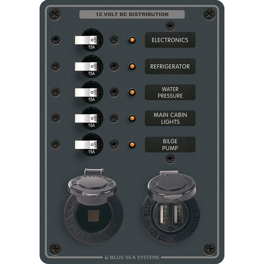 Blue Sea 8120  5 Position 12V Panel wDual USB  12V Socket 8120