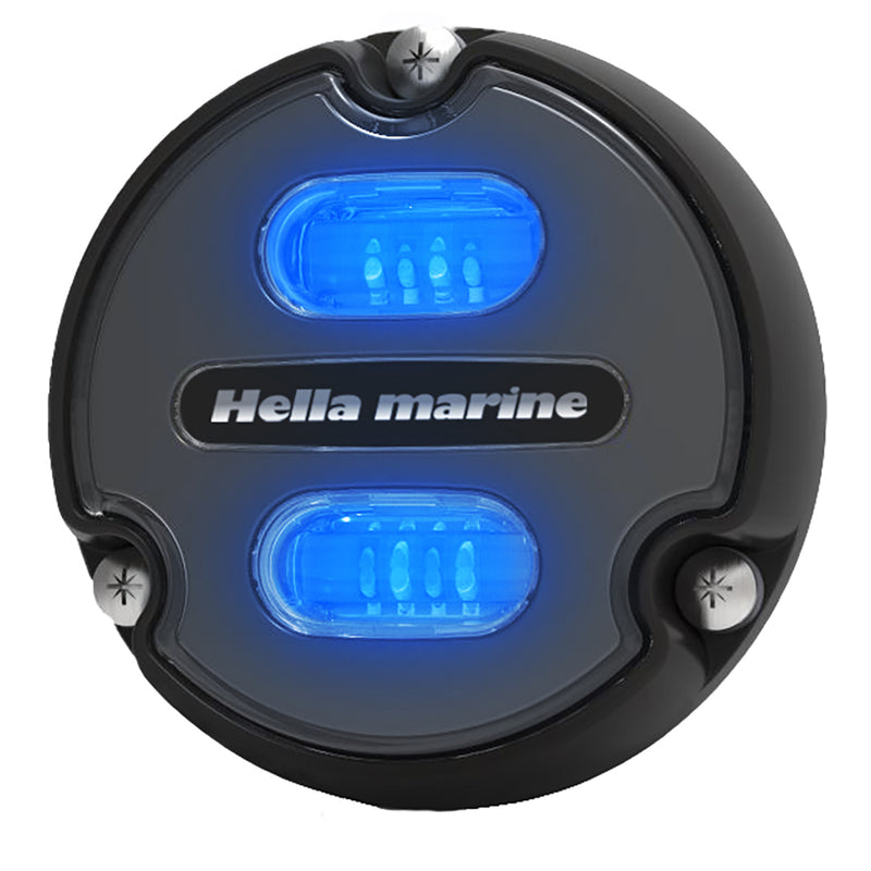 Load image into Gallery viewer, Hella Marine Apelo A1 Blue White Underwater Light  1800 Lumens  Black Housing  Charcoal Lens 016145001
