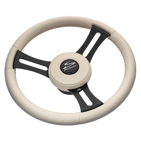Schmitt Marine Torcello Elite 14 Wheel  Beige Leather  Cap  White Stitching  Black SS Spokes  34 Tapered Shaft PU081B11